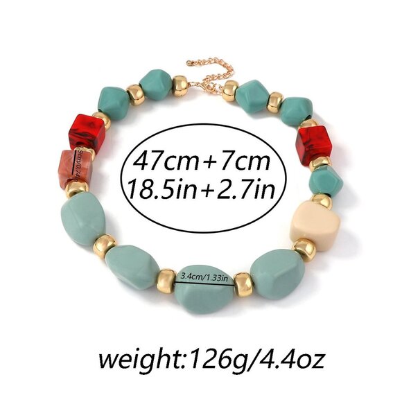 Aqua Blue, Red & Cream Resin Bead Choker Necklace - Modern Boho! - Picture 2 of 4